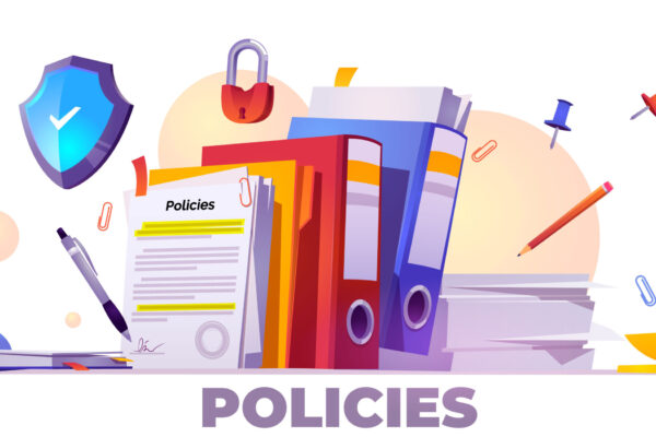 Policies banner. Concept of business documents for law compliance, legal regulation quality and procedures. Vector landing page of guideline, rules and agreement with cartoon paperwork illustration